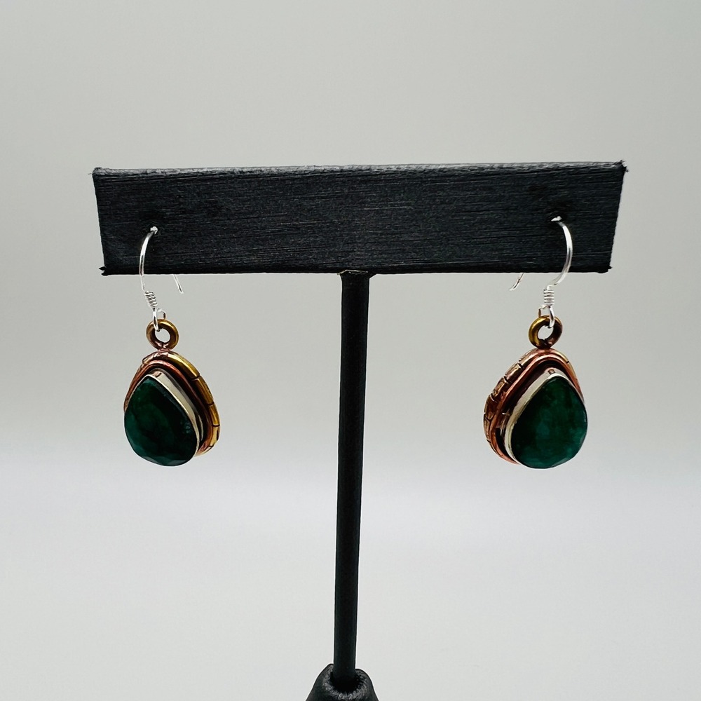 Mixed Metal Green Stone Earrings Teardrop Dangle Pierced Boho Drop